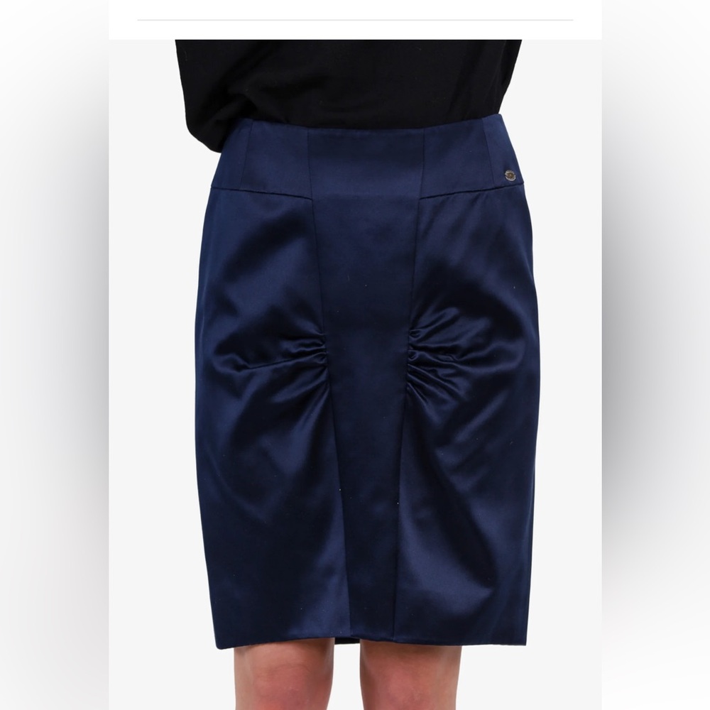 CHANEL Navy Satin Ruched Pencil Skirt